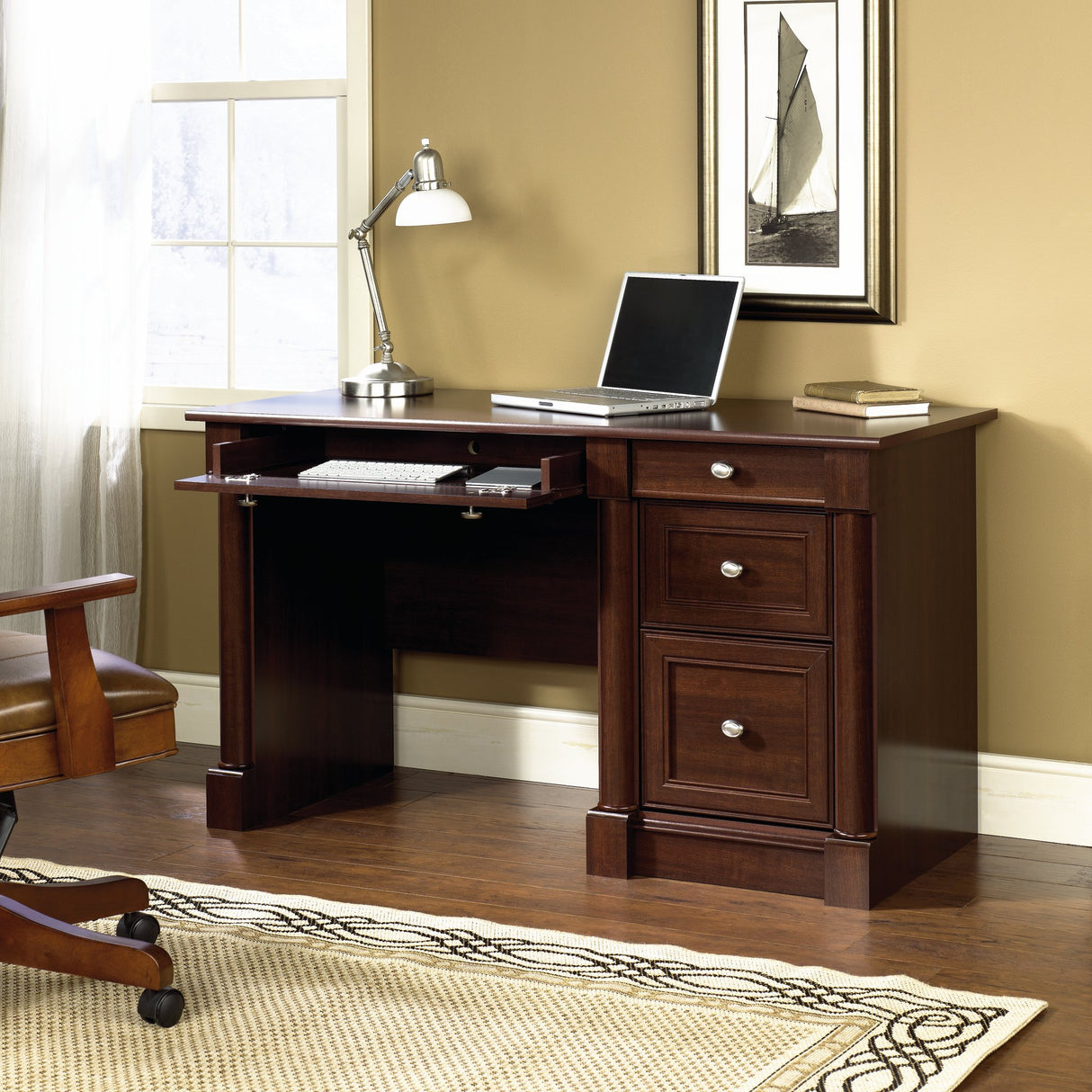 Sauder Palladia Computer Desk with Drawers, Home Office Desk with File Cabinet Storage Drawer, Cable Management, Keyboard Tray, in Select Cherry Finish Sauder
