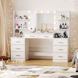Irontar Makeup Vanity Table with Mirror & Lights, Vanity Desk with Power Strip, Large Drawer & Six Open Storage Dresser, 3 Lighting Modes Adjustable Brightness, Dressing Table, White WDT006W Irontar