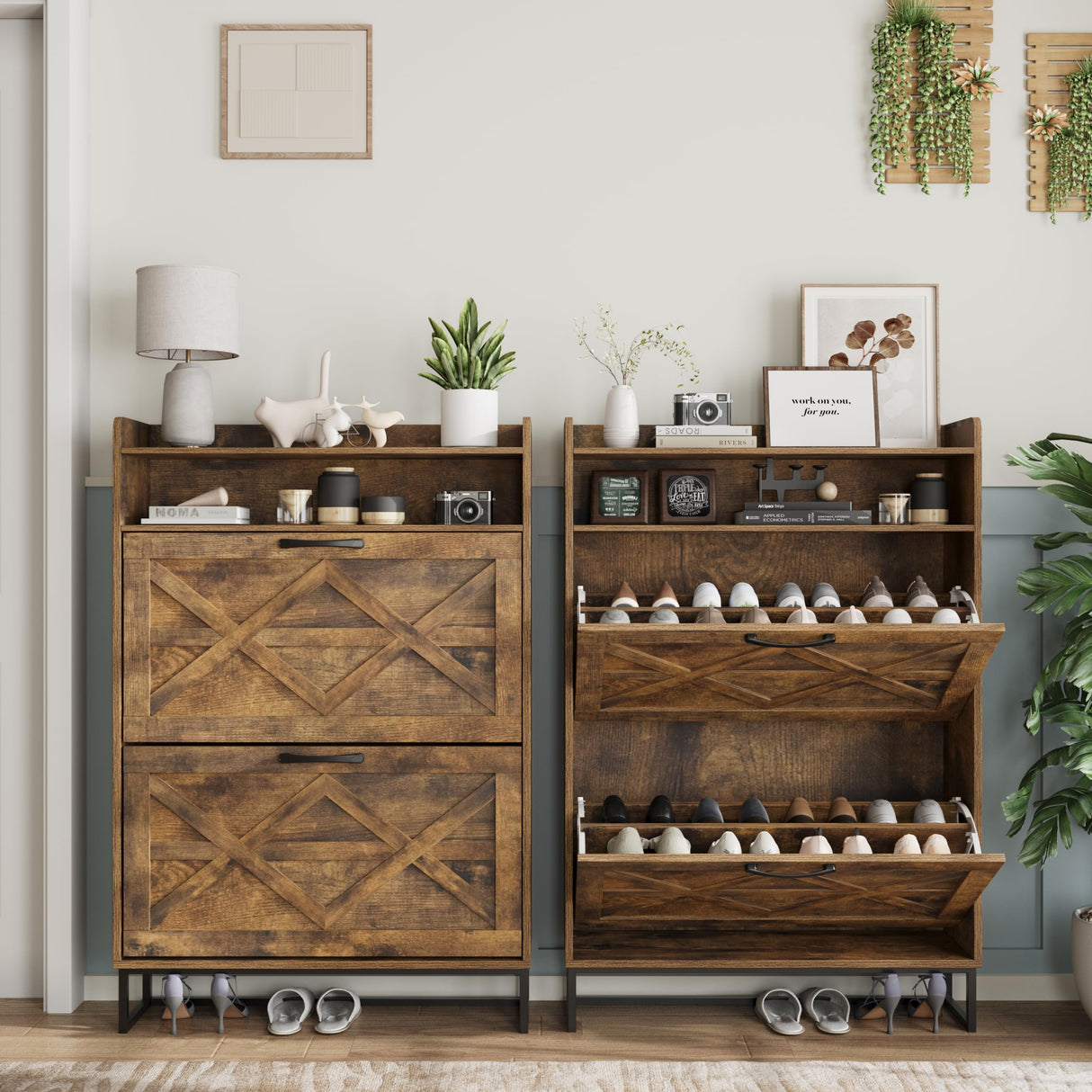 Maupvit Narrow Shoe Cabinet with 2 Flip Drawers, Shoe Storage Cabinet for Entryway, Freestanding Shoe Cabinet Organizer with Open Storage, Farmhouse Shoe Rack with Metal Legs (Brown) Maupvit