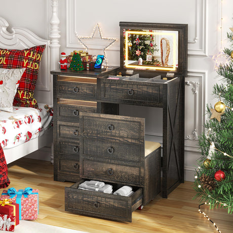 TAGELIER 3 in 1 Makeup Vanity with Mirror and Light, Dressing Desk with Multiple Storage Drawers & Chair,Charging Station with Body Sensor, Vanity Set for Bedroom/Cloakroom,Rustic Brown TAGELIER