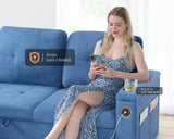 VanAcc Sofa Bed, Multi-Functional Sleeper Sofa with USB Charging Ports & Cup Holders, Pull Out Couch Bed with Storage Chaise, L-Shaped Couches for Living Room (Linen Blue) VanAcc