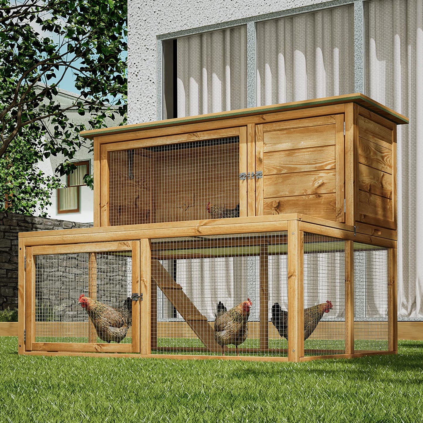 MoNiBloom 2-Level Chicken Coop with Run and Ventilated Wood Hen House - Spacious 47 x 35 x 35.5 inches Small Animal House with Removable Tray, Ramp, and Asphalt Roof for Hens, Quail, and Bunn - WoodArtSupply