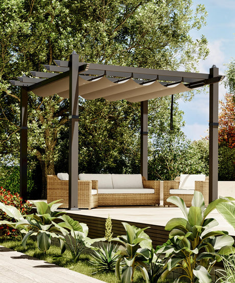 GarveeLife 10x10 Ft Aluminum Pergola, Outdoor Metal Pergola with Adjustable Canopy, Reinforced Frame Outdoor Shelter for Backyard, Lawn and Deck - Khaki GarveeLife