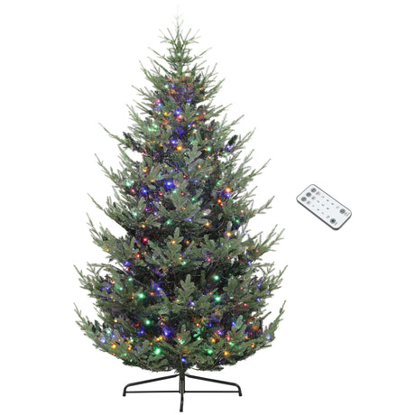 HOMCOM 9 ft Prelit Christmas Tree, Nordic Pine Artificial Christmas Tree with 300 Dual Color LED Lights and 1939 Branch Tips, Hinged Xmas Tree with Wide Base for Holiday Party, Green HOMCOM