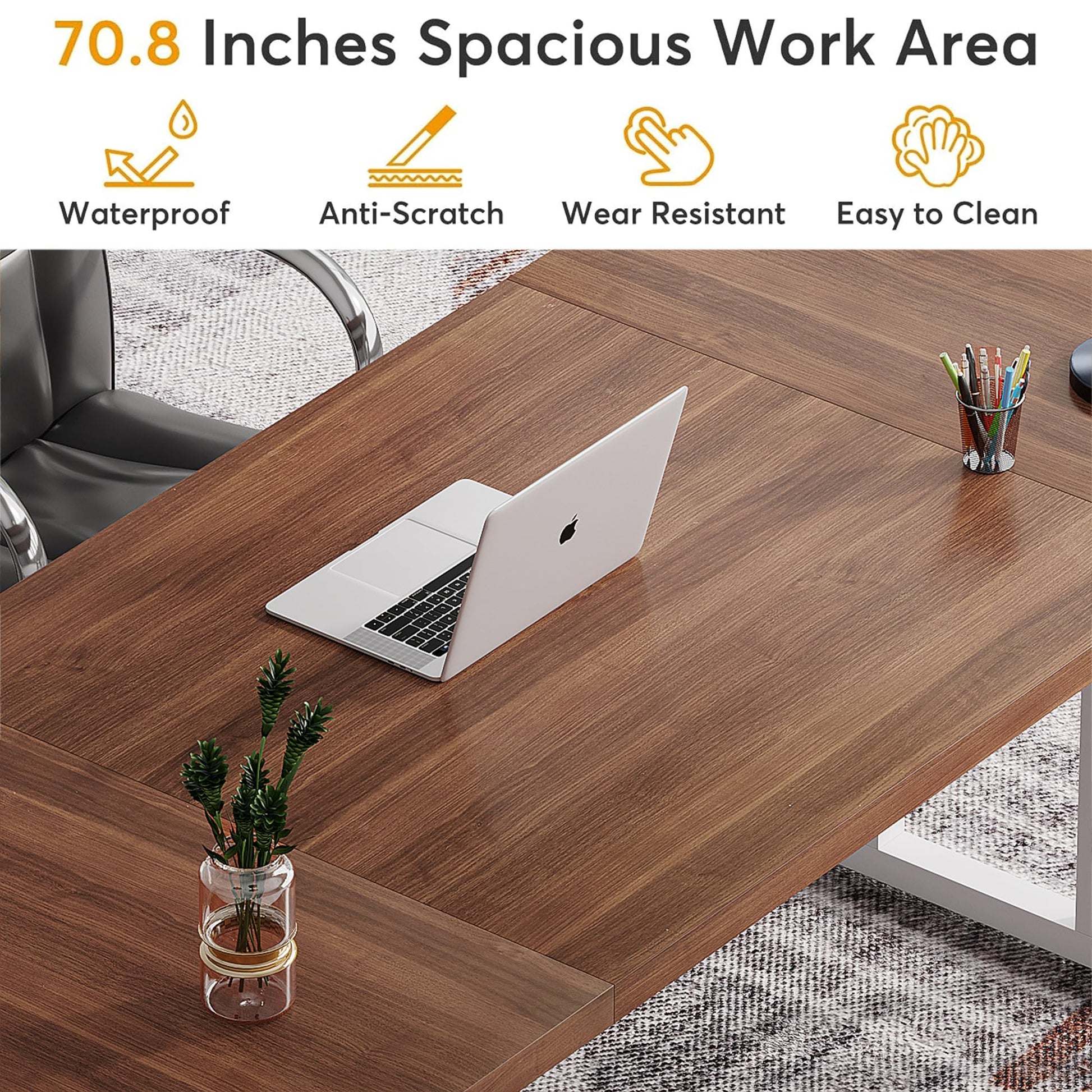 Vagaconl 70.8 Inches Executive Desk, Large Computer Desk, Long Farmhouse Workstation, Simple Desk with K Shaped Metal Legs for Home Office, Brown/White - WoodArtSupply