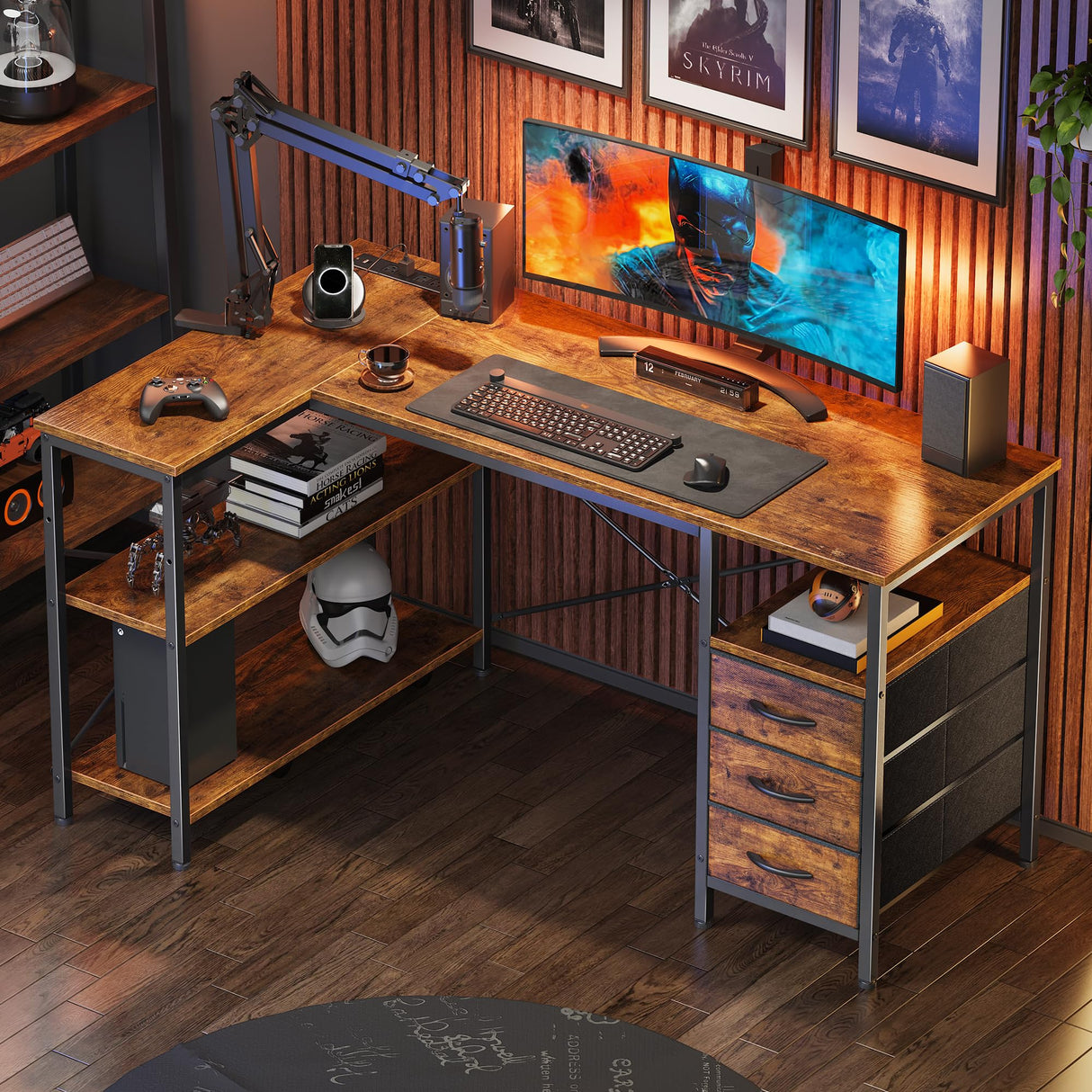 Huuger L Shaped Desk with Power Outlets, Computer Desk with 3 Drawers, 47 Inch Office Desk with Shelves, Gaming Desk, Corner Desk Work Desk for Home Office, Study, Rustic Brown Huuger