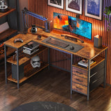 Huuger L Shaped Desk with Power Outlets, Computer Desk with 3 Drawers, 47 Inch Office Desk with Shelves, Gaming Desk, Corner Desk Work Desk for Home Office, Study, Rustic Brown Huuger