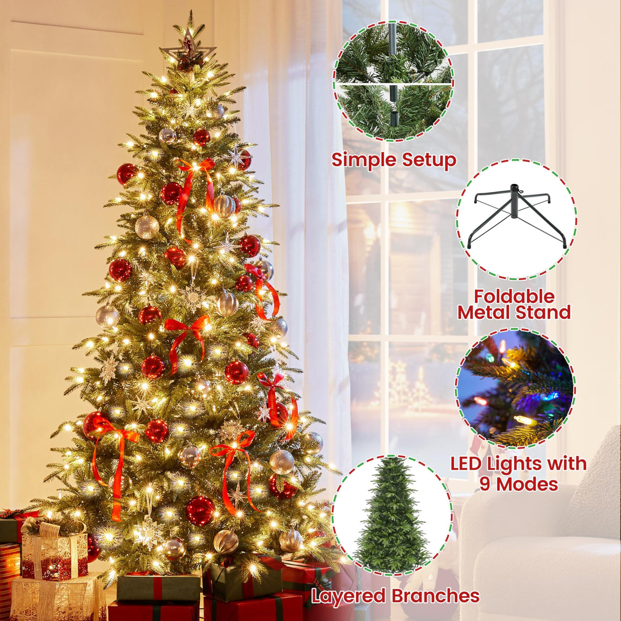 Yaheetech 6ft Pre-Lit Aspen Christmas Tree with 350 Multicolored LED Lights, 1576 PE & PVC Branch Tips, 9 Light Modes Lighted Artifical Noble Fir, Holiday Décor, Foldable Metal Stand Yaheetech
