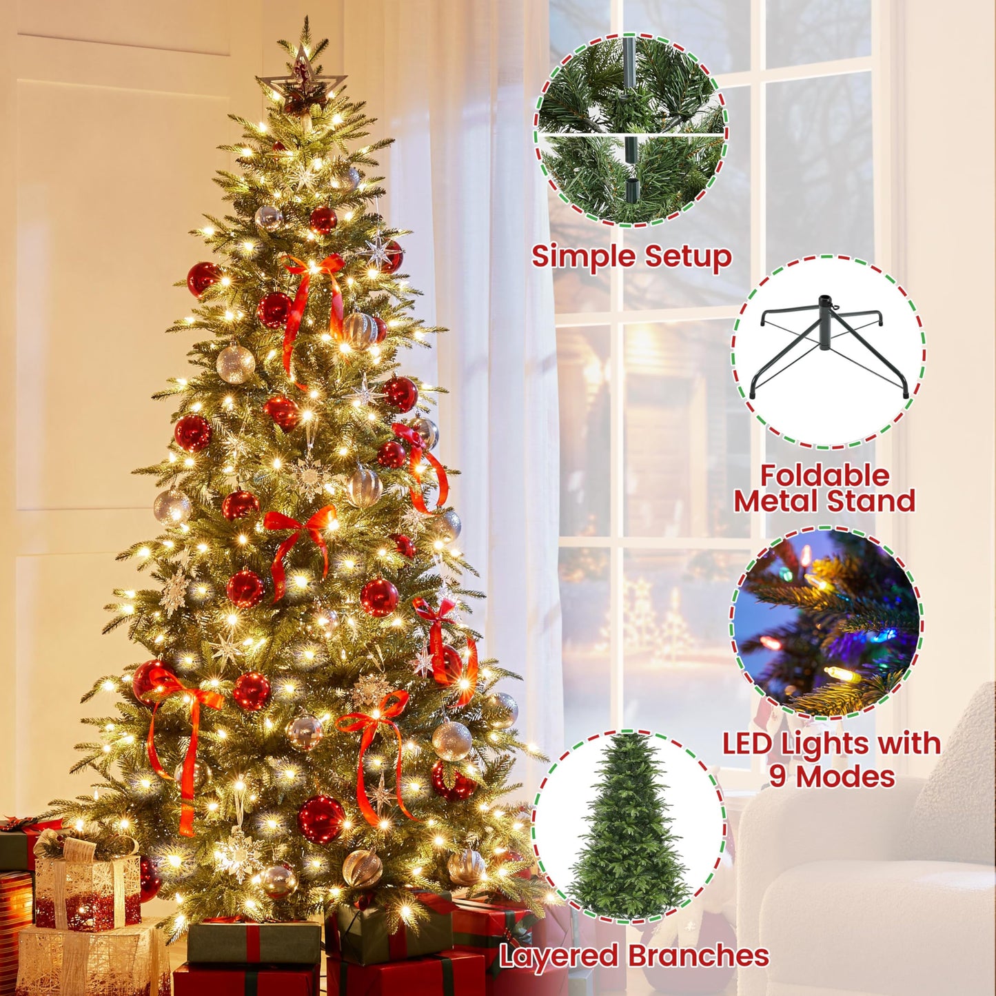 Yaheetech 6ft Pre-Lit Aspen Christmas Tree with 350 Multicolored LED Lights, 1576 PE & PVC Branch Tips, 9 Light Modes Lighted Artifical Noble Fir, Holiday Décor, Foldable Metal Stand