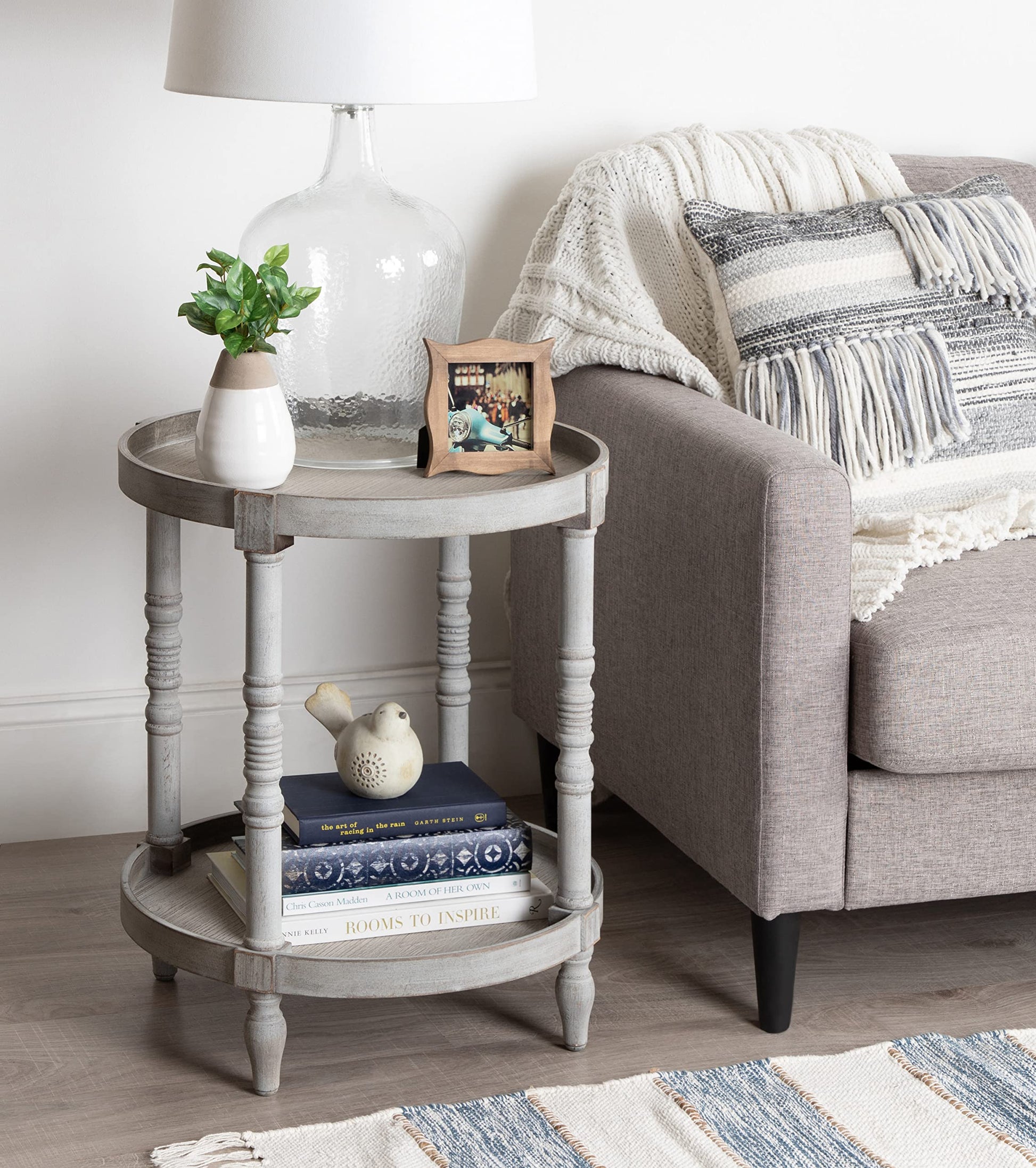 Kate and Laurel Bellport Shabby Chic Round Side Accent Table or Plant Stand with Turned Legs and Lower Shelf, Distressed Gray Finish - WoodArtSupply