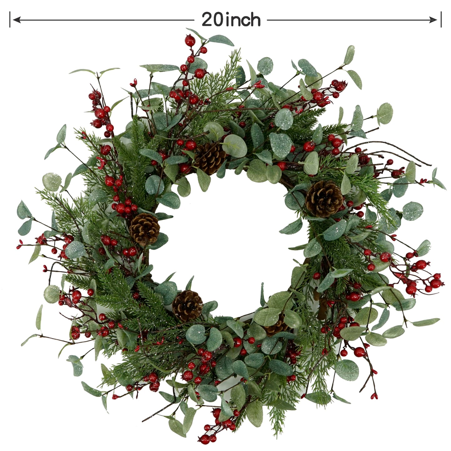 Christmas Wreath, Christmas Wreaths for Front Door,Artificial Christmas Wreath with Sparkling Leaves and Pine Needles are paired with Plump Pine and red Berries,Wreath for Indoor Wall Window Decor.