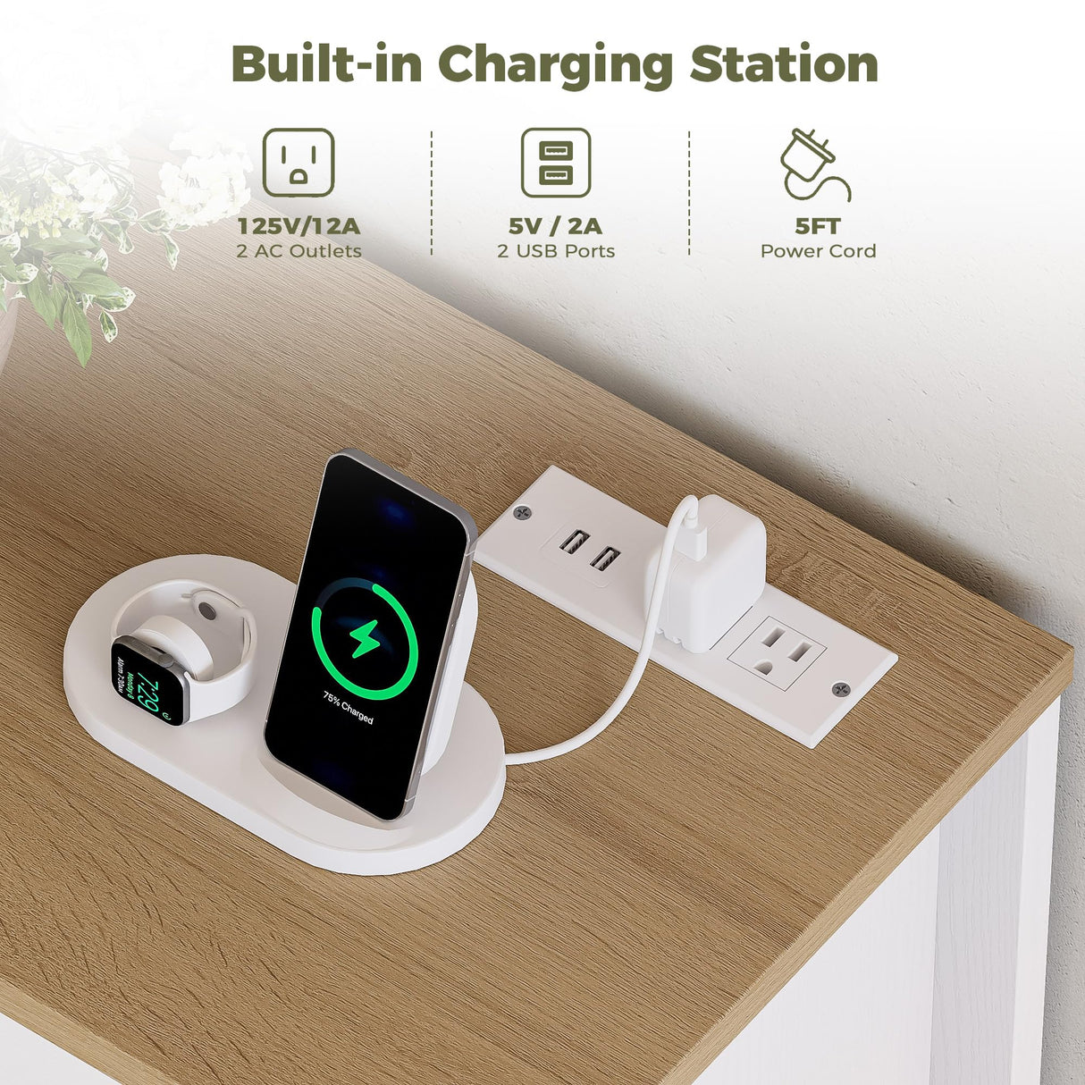 IRONCK Farmhouse Entryway Table Console Table with Power Outlet, Coffee Bar Cabinet, Sofa Table with Cabinet and Storage Shelf, for Hallway, Kitchen, Foyer, Living Room, White IRONCK