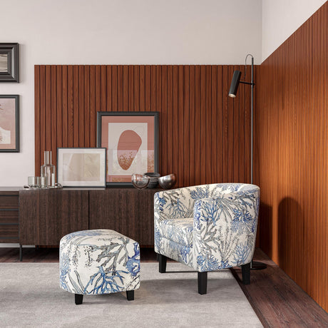 BELLEZE Accent Chair with Ottoman, Curved Back Living Room Chair, Stylish Barrel Club Chair and Footrest Set, Upholstered Round Tub Reading Chair for Bedroom - Lydia (Blue Coral) BELLEZE