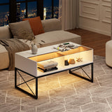 Glass Coffee Tables for Living Room, White Mid Century Modern Coffee Table with Storage, Smart Led Light Wood Coffee Table HWB