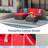 Vongrasig 5 Pieces Small Patio Furniture Sets, All-Weather Outdoor Sectional Patio Sofa Wicker Rattan Patio Seating Sofas with Cushion and Glass Table (Red) Vongrasig