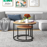 HOJINLINERO Industrial Round Coffee Table Set of 2 End Table for Living Room,Stacking Side Tables, Sturdy and Easy Assembly,Wood Look Accent Furniture with Metal Frame,Black+Teak OAKDK HOJINLINERO