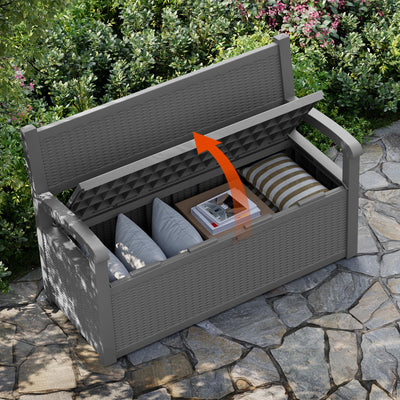 GULAIMOAO 80 Gallon Outdoor Storage Box, Resin Patio Furniture with Armrest, Lockable Deck Box with Waterproof and UV Resistant for Patio Cushions, Garden Tools and Pool Supplies, Grey