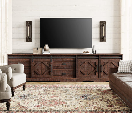 WAMPAT Farmhouse TV Stand for TVs up to 110",Faux Bark Finish Wood 3 in 1 TV Cabinet with Drawers and Adjustable Shelves for Living Room,Rustic Brown WAMPAT