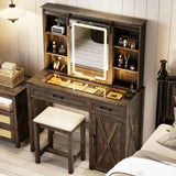 FREDEES Farmhouse Makeup Vanity with Charging Station,Vanity Set with Stool&Sliding Mirror&3Brightness Lights,Large Storage Glass Top Dressing Table with Drawers and Shelves for Women/Girls,Dark Oak FREDEES