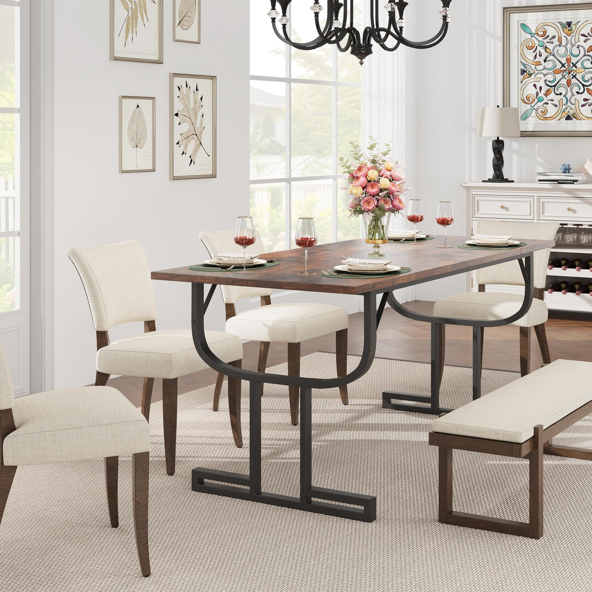 GarveeHome Farmhouse Dining Table for 6 People, 70.8-Inch Rectangular Rustic Kitchen Wood, Dining Table Table with Heavy Duty Metal Legs for Dining Room GarveeHome