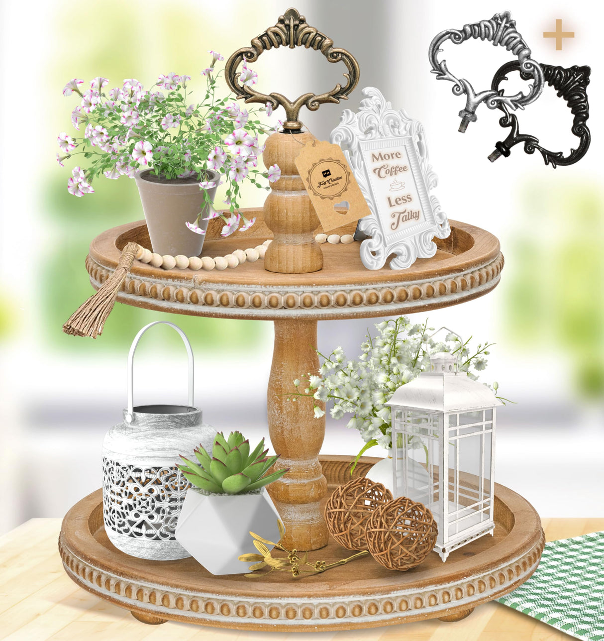 2 Tiered Tray Wooden Serving Stand by Felt Creative Home Goods. Small Beaded Tray for Home Decor Display Farmhouse Country Decoration Kitchen or Dining. Includes 3 Finial Custom Handles (Brown) Felt Creative Home Goods