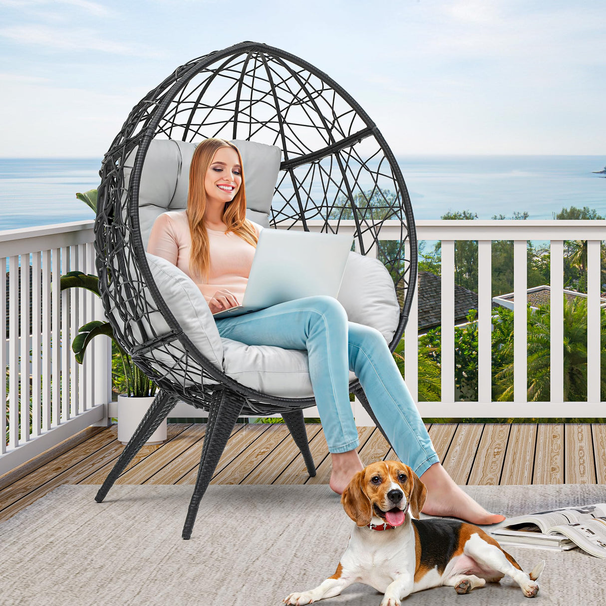 YITAHOME Large Wicker Egg Chair with Stand for Indoor and Outdoor, Cushion, and Adjustable Leveling Feet, Large Lounger for Garden, Patio, Balcony, Backyard,Supports up to 330lbs, Gray YITAHOME