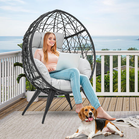 YITAHOME Large Wicker Egg Chair with Stand for Indoor and Outdoor, Cushion, and Adjustable Leveling Feet, Large Lounger for Garden, Patio, Balcony, Backyard,Supports up to 330lbs, Gray YITAHOME