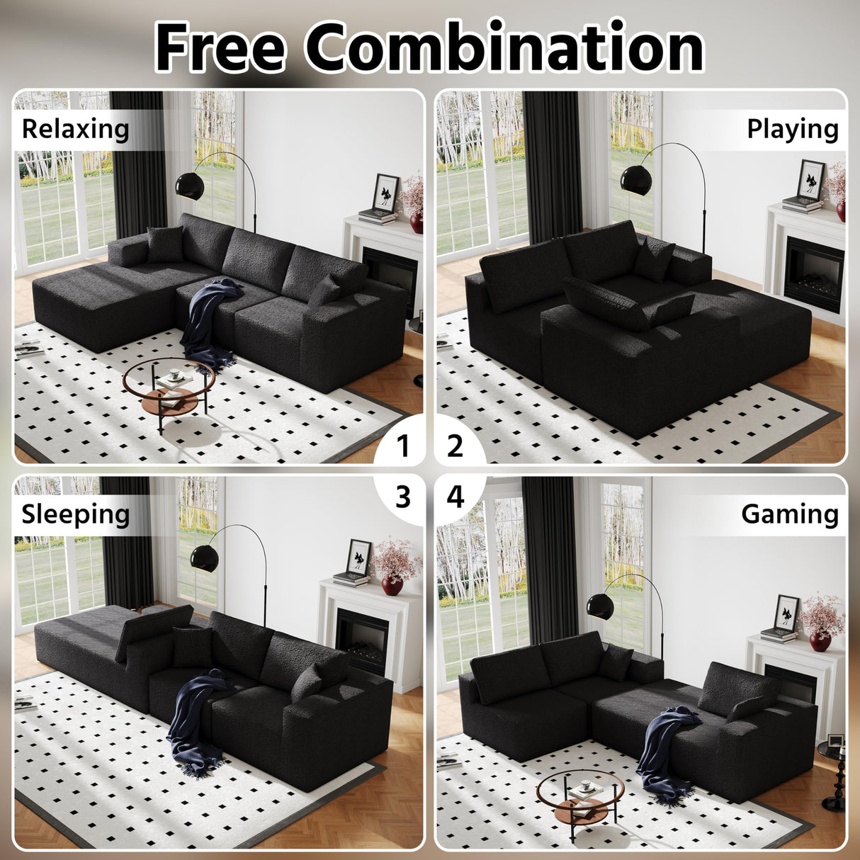 108" Cloud Modular Sectional Couch with L-Shape Chaise, Modern Sectional Sofa with Deep Seat Couch, Ultra Soft Knit Fabric Couches for Living Room, No Assembly Required, Left Facing Chaise (Black) YVDNHP