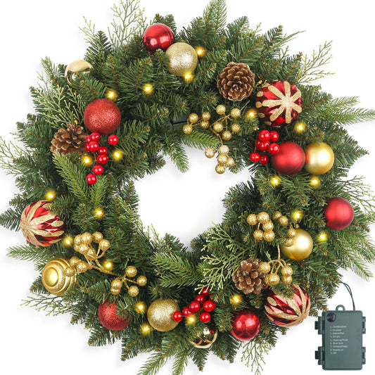 Christmas Wreath Pre-lit 24 inch with 50 Light & Red Gold Ball Pine Cone, Artificial Christmas Wreaths for Front Door with Lights, Wreath for Christmas Decoration Door Windows Wall Green