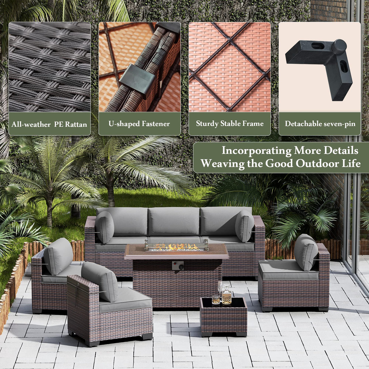 RTDTD Outdoor Patio Furniture Sets with Propane Fire Pit Table, 10 Pieces Outdoor Furniture Patio Sectional Sofa Conversation Sets w/ETL Approved 43" Gas Outdoor Fire Table & Coffee Table (Grey) RTDTD