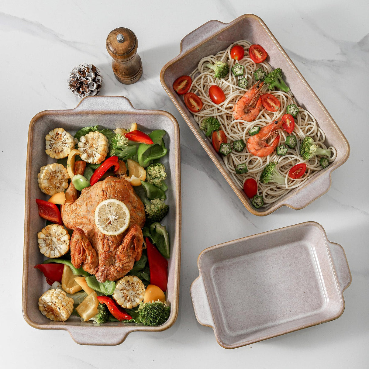HVH 9x13 Baking Dish Set, Large Casserole Dishes for Oven, Ceramic Bakeware Set of 3, Baking Dishes for Casseroles 13 x 9, Rectangular Lasagne Pan Deep for Baking (Sand Color) HVH