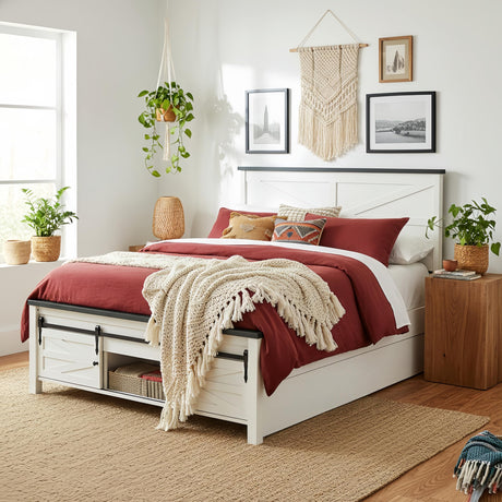 ACCOHOHO Farmhouse Full Size Bed Frame with Barn Door Storage, Platform Bed Frame with Headboard, Rustic Bed, Solid Wood Slats Support/Noiseless/No Box Spring Needed (White) ACCOHOHO