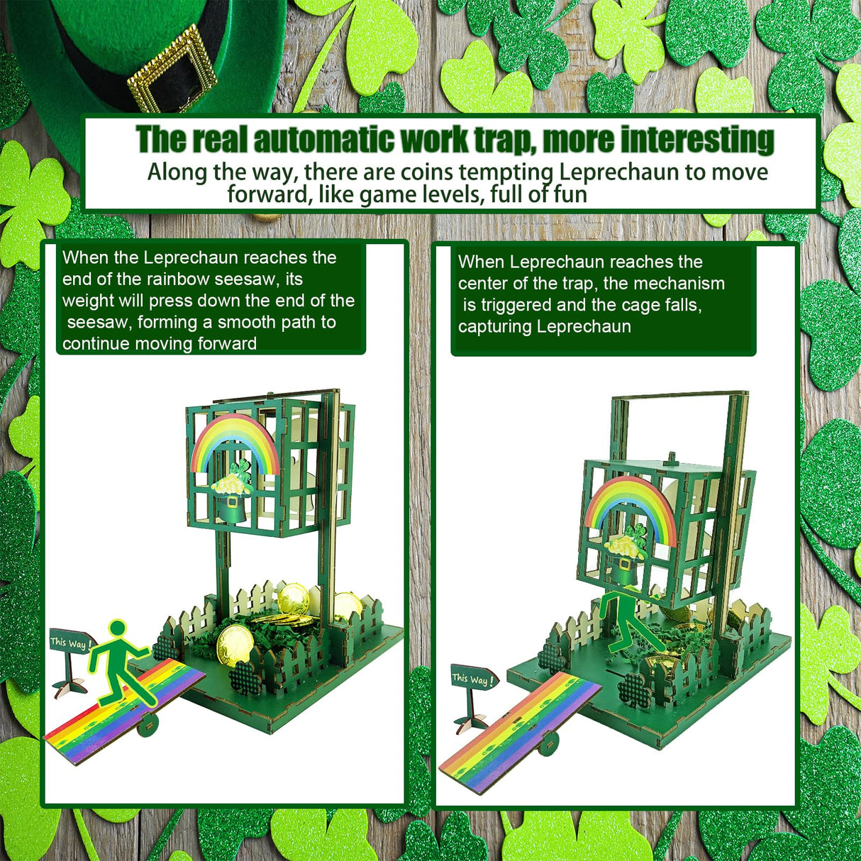 Vecacosic Leprechaun Trap Kit for Kids, Wood DIY How to Catch A Leprechaun Kit St Patricks Day Leprechaun Trap Decorations, Funny Leprechaun Trap Kit Supplies Toys Crafts Gift (B) Vecacosic