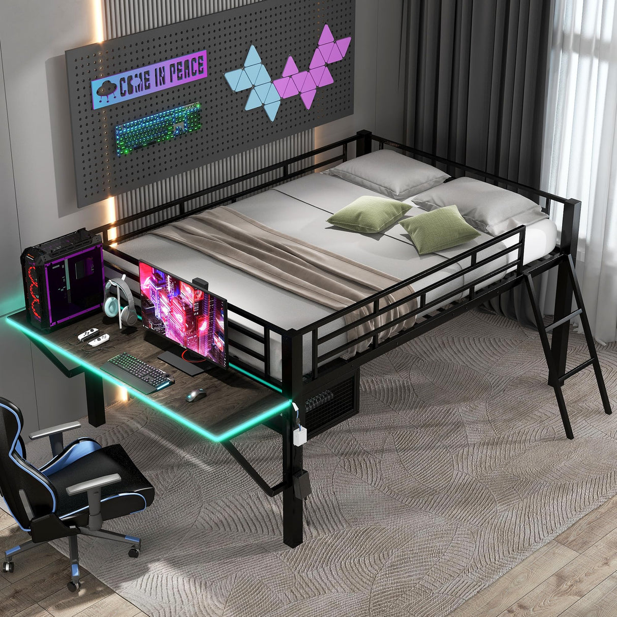 SOFTSEA Black Low Loft Bed with Desk, LED Lighting & Storage Space for Kids SOFTSEA