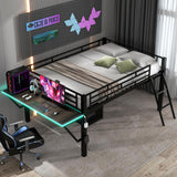 SOFTSEA Full Size Metal Loft Bed with Desk Low Gaming Loft Bed with LED and Storage Space for Kids SOFTSEA