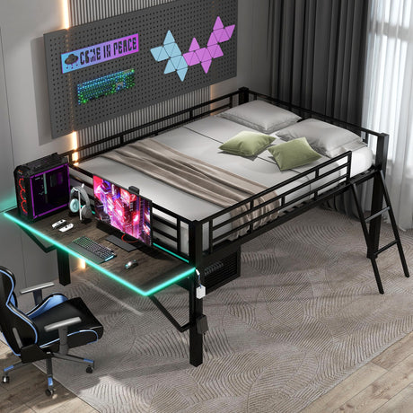 SOFTSEA Full Size Metal Loft Bed with Desk Low Gaming Loft Bed with LED and Storage Space for Kids SOFTSEA