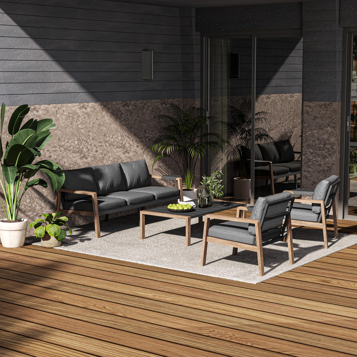 GREEN MORE 4-Piece Outdoor Patio Furniture Set, All-Weather Patio Conversation Set, Modern Sectional Sofa with Coffee Table & Detachable Washable Cushions, for Porch Balcony Backyard, Natural GREEN MORE