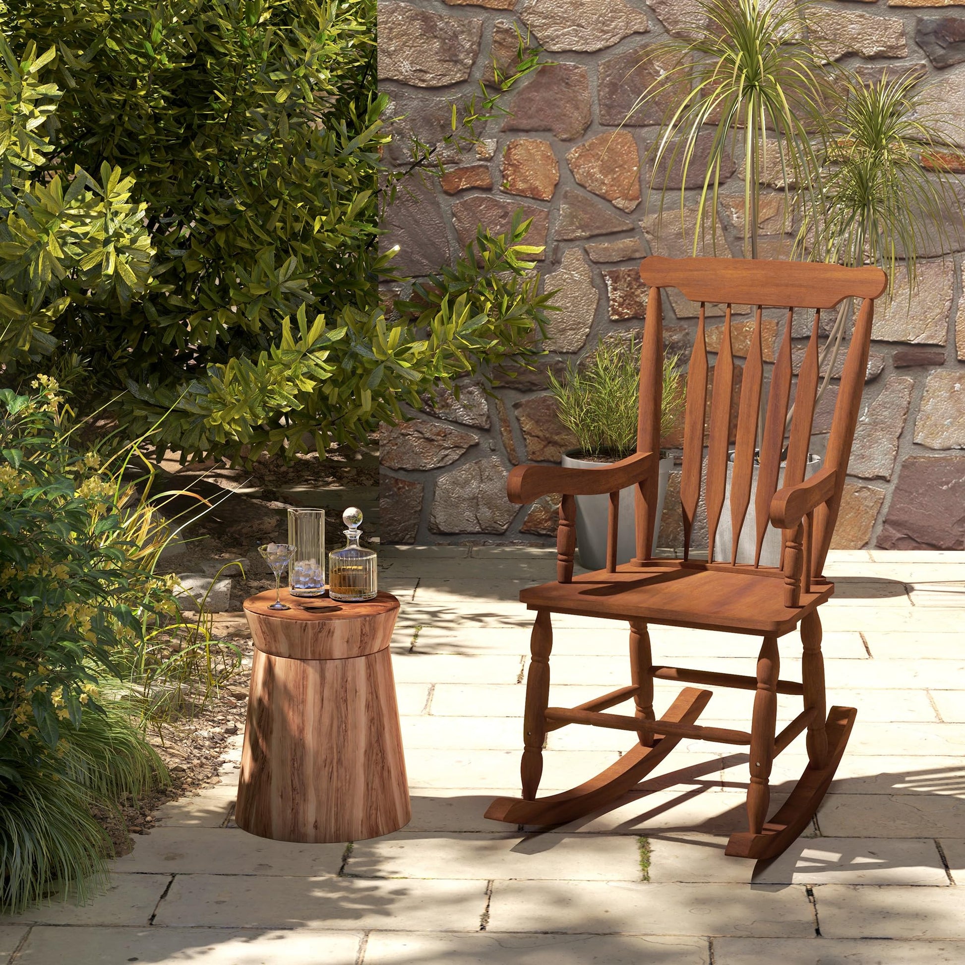 Outsunny Outdoor Wood Rocking Chair, 350 lbs. Porch Rocker with High Back for Garden, Patio, Balcony, Teak - WoodArtSupply