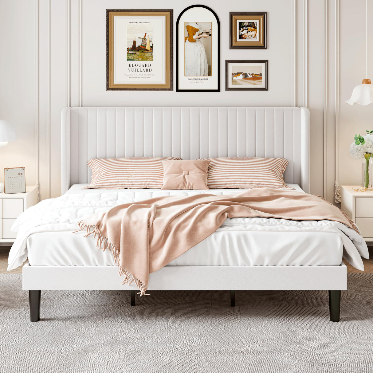 SHA CERLIN King Size Velvet Bed Frame with Vertical Channel Tufted Wingback Headboard, Upholstered Platform Bed with Wood Slats, No Box Spring Needed, Easy Assembly, White SHA CERLIN