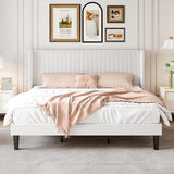 SHA CERLIN King Size Velvet Bed Frame with Vertical Channel Tufted Wingback Headboard, Upholstered Platform Bed with Wood Slats, No Box Spring Needed, Easy Assembly, White SHA CERLIN