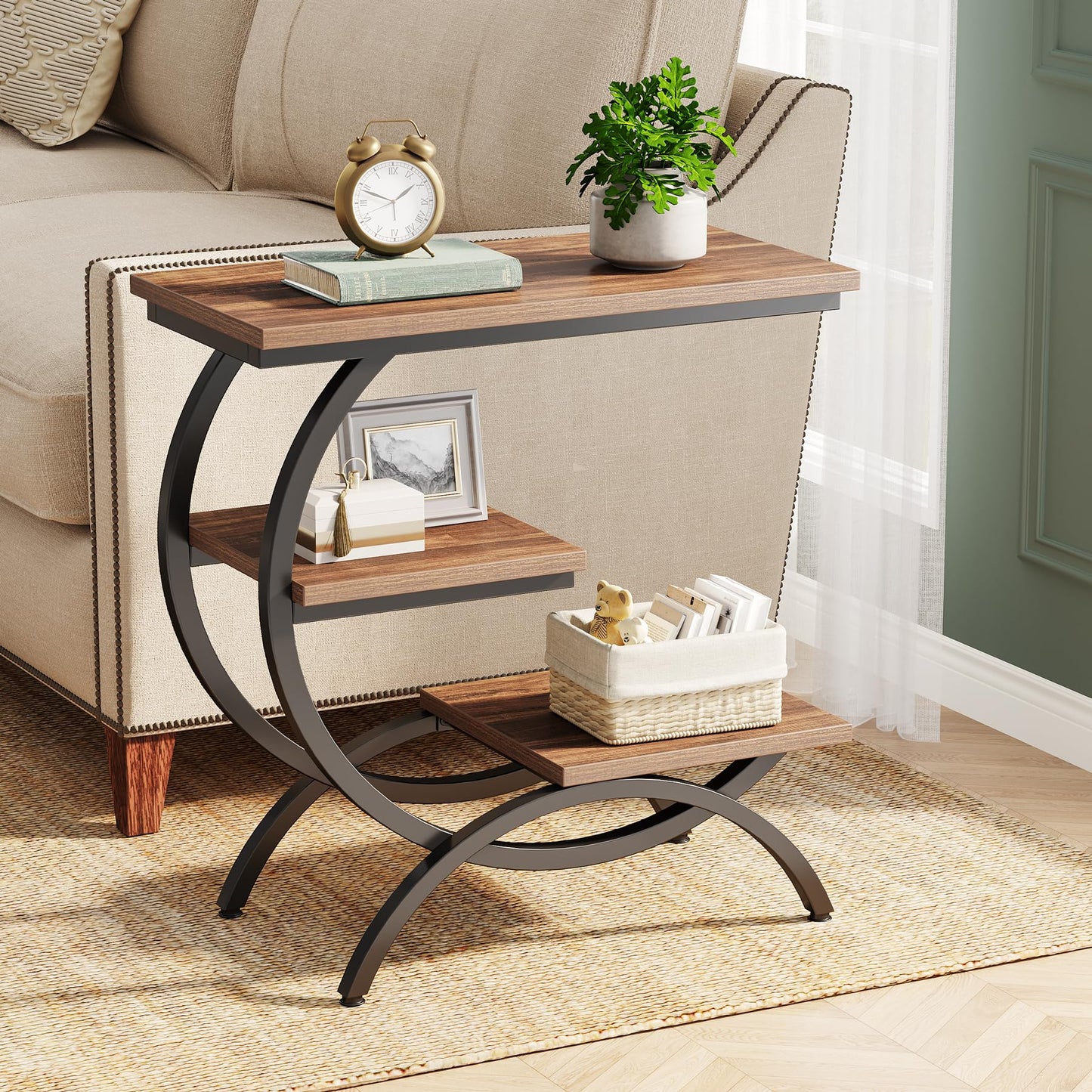 Tribesigns C-Shaped End Table, Industrial 3-Tier Small Side Table for Couch, Wood Bedside Table Snack Side Table with Storage Shelves for Living Room Small Space, Dark Brown - WoodArtSupply