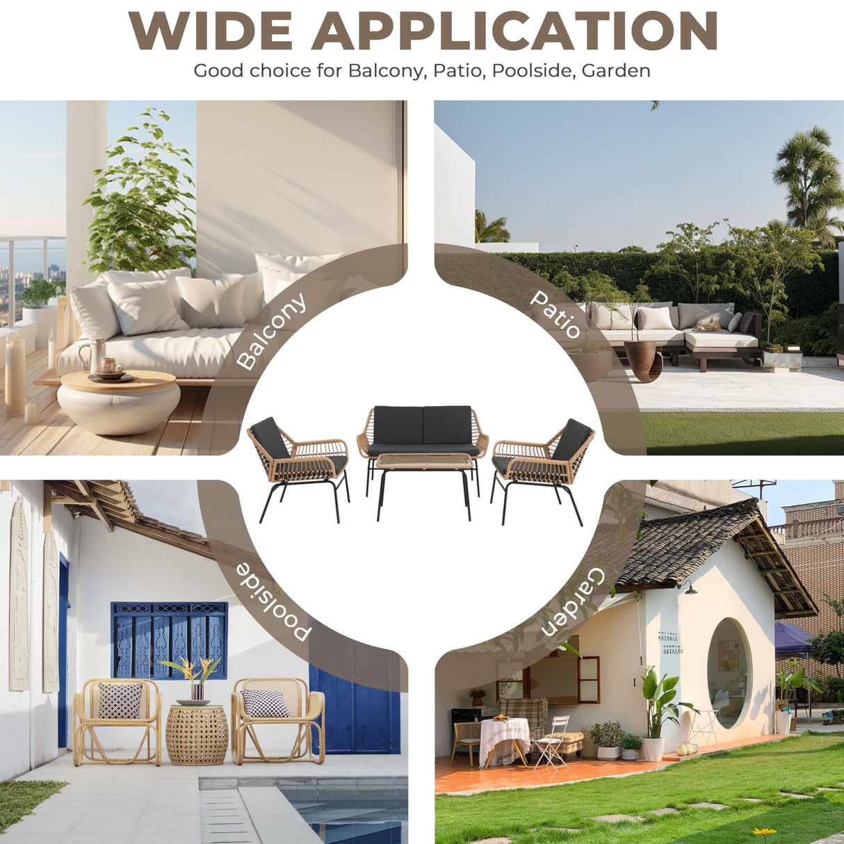 GREEN MORE 4 Piece Outdoor Patio Furniture Set, Rattan Conversation Sets, All-Weather Wicker Chairs with Cushions and Coffee Table, for Garden Balcony Courtyard Poolside GREEN MORE