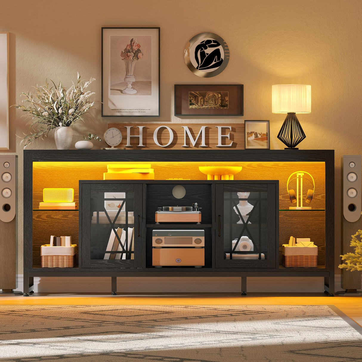 YITAHOME 33.5'' Tall TV Stand for 75 inch TV, LED Entertainment Center with Storage, Black TV Stands for Living Room with Acrylic Doors & Power Outlets, Tall TV Console Cabinet, Black YITAHOME