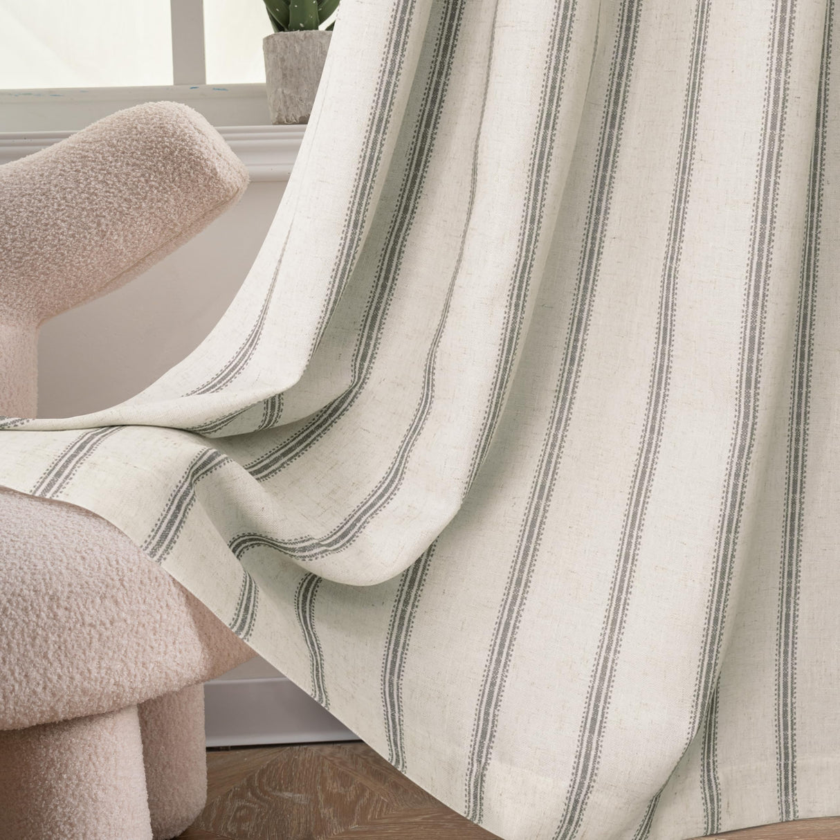 DriftAway Farmhouse Linen Blend Blackout Curtains 84 Inches Long for Bedroom Vertical Striped Printed Linen Curtains Thermal Insulated Lined Treatments for Living Room 2 Panels W52 x L84 Grey DriftAway
