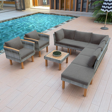 LUMISOL 9 Piece Patio Rattan Furniture Set, Outdoor Conversation Set with Acacia Wood Legs and Tabletop, PE Rattan Sectional Sofa Set with Coffee Table, Washable Cushion, Grey LUMISOL