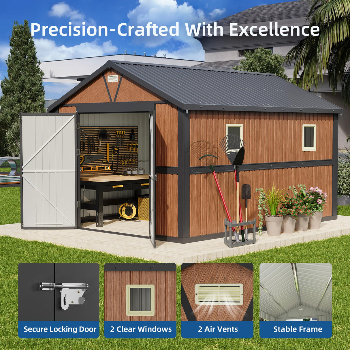 Canovire 10x12FT Outdoor Storage Shed, Metal Garden Shed with Lockable Doors and Windows, Large Tool Shed for Backyard, Patio and Lawn Canovire