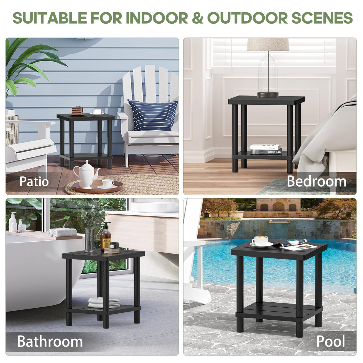 LEJANEOYE Outdoor Side Table, 2-Tier Small Outdoor Table for Patio, Adirondack Side Tables for Outside or Indoor, Bamboo End Table for Pool, Porch, Weather Resistant Easy Maintenance-Black LEJANEOYE