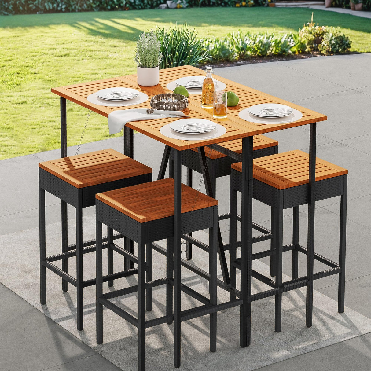 Devoko Patio Bar Set 5 Pieces Acacia Wood Patio High Top Bar Table and Stools Chairs Set Foldable Outdoor Bar Stools Set of 2 for Garden, Balcony Devoko