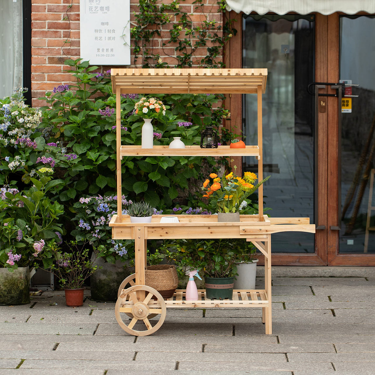 Antique Solid Wood Decor Display Rack Cart Wood Plant Stands with Wheels for Decor Display | 2 Wheeled Wood Wagon with Shelves for Plants and More Vintiquewise