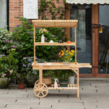Antique Solid Wood Decor Display Rack Cart Wood Plant Stands with Wheels for Decor Display | 2 Wheeled Wood Wagon with Shelves for Plants and More Vintiquewise